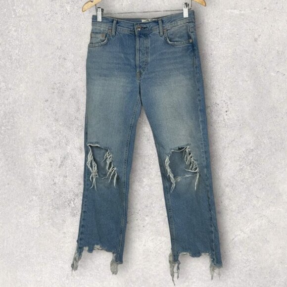 Free People Revolve Maggie Straight Jeans Light Stone Raw Hem Distress Denim 25 - Picture 3 of 15